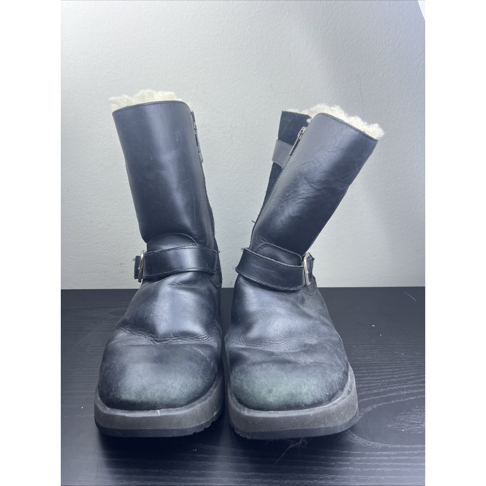 UGG Kensington Black Leather Biker Boots - Shearling Lined - Women's USA 8